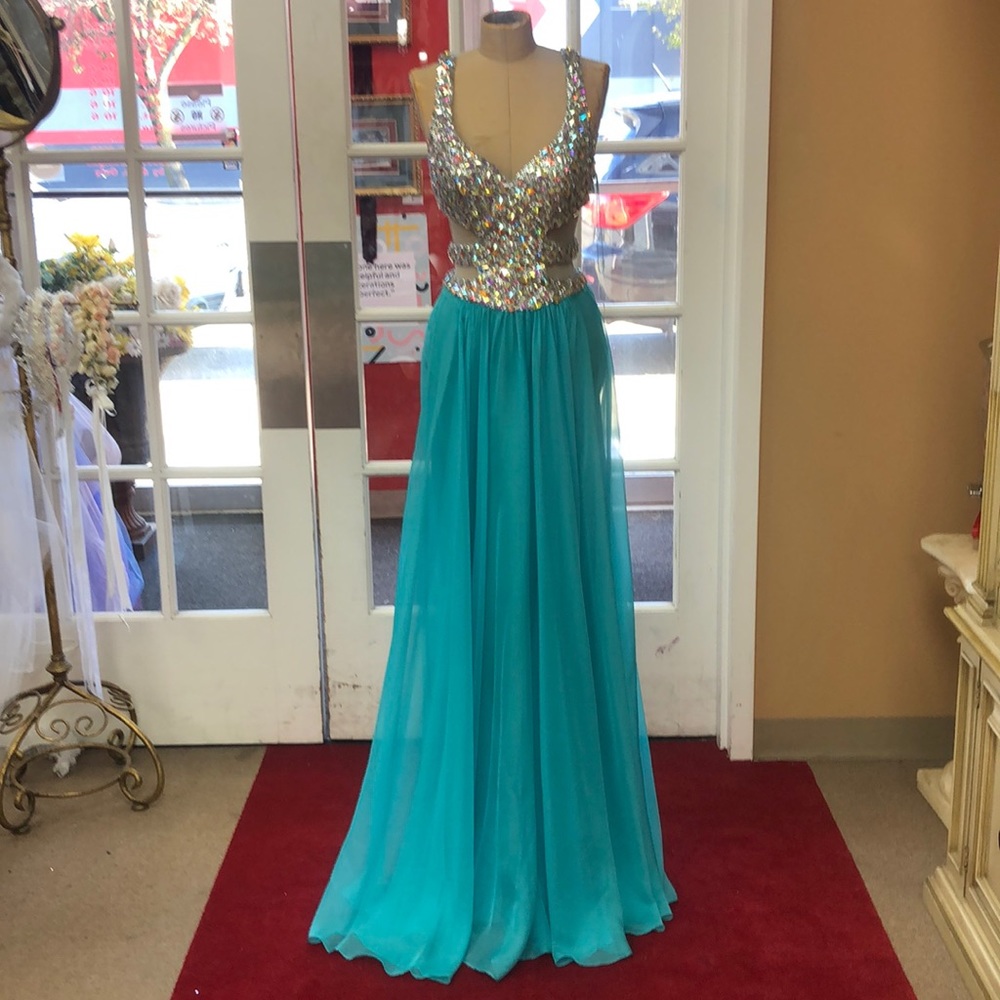 LA FEMME TURQUOISE CHIFFON DRESS